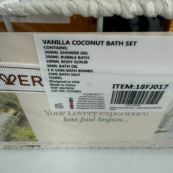New 8 Piece Lovery Vanilla Coconut Deluxe Bath And Body Spa Set with Basket - Picture 9 of 11